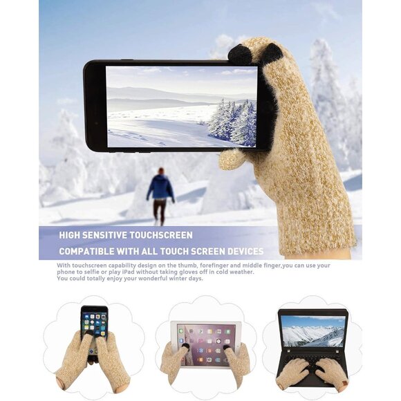 Women's Khaki Warm Knit Beanie Hat Touchscreen Gloves Long Neck Scarf Set - Picture 4 of 6